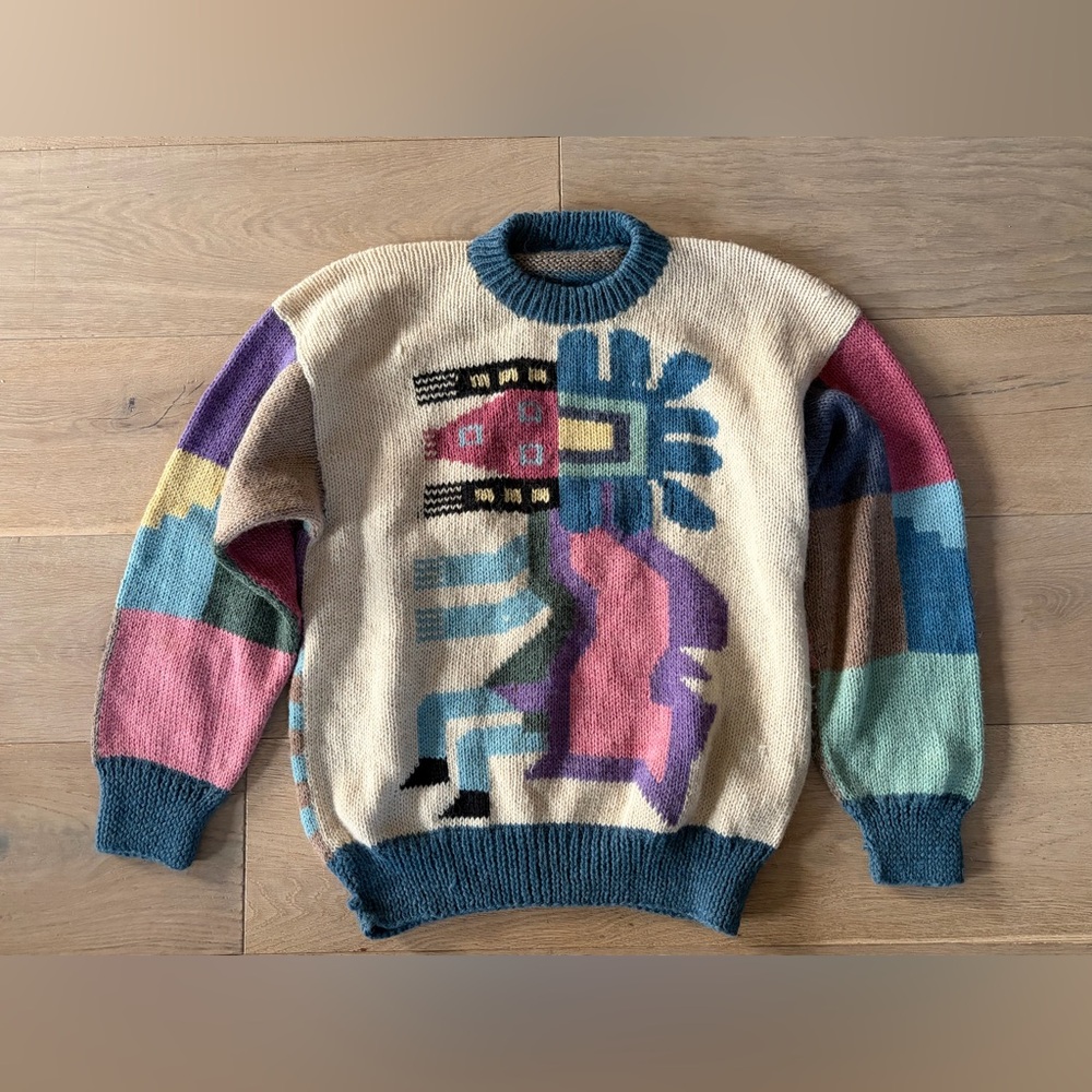 Hand knit vintage 80s style alpaca wool blend Aztec sweater - est medium